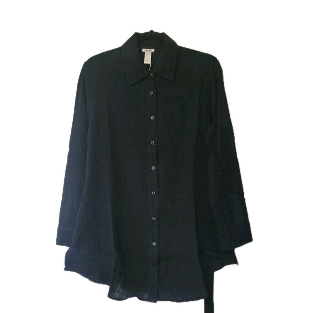 Andie Corvo Button Up Top Medium Black Cotton Gauze Summer Beach Coverup Travel